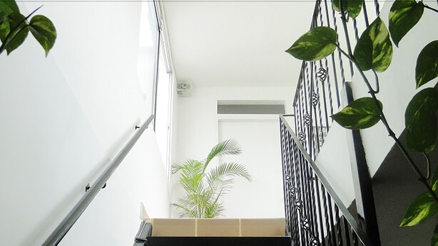 A staircase with a metal railing, a potted plant, and a white door at the bottom. - ARCO Apartasuites (Cali)