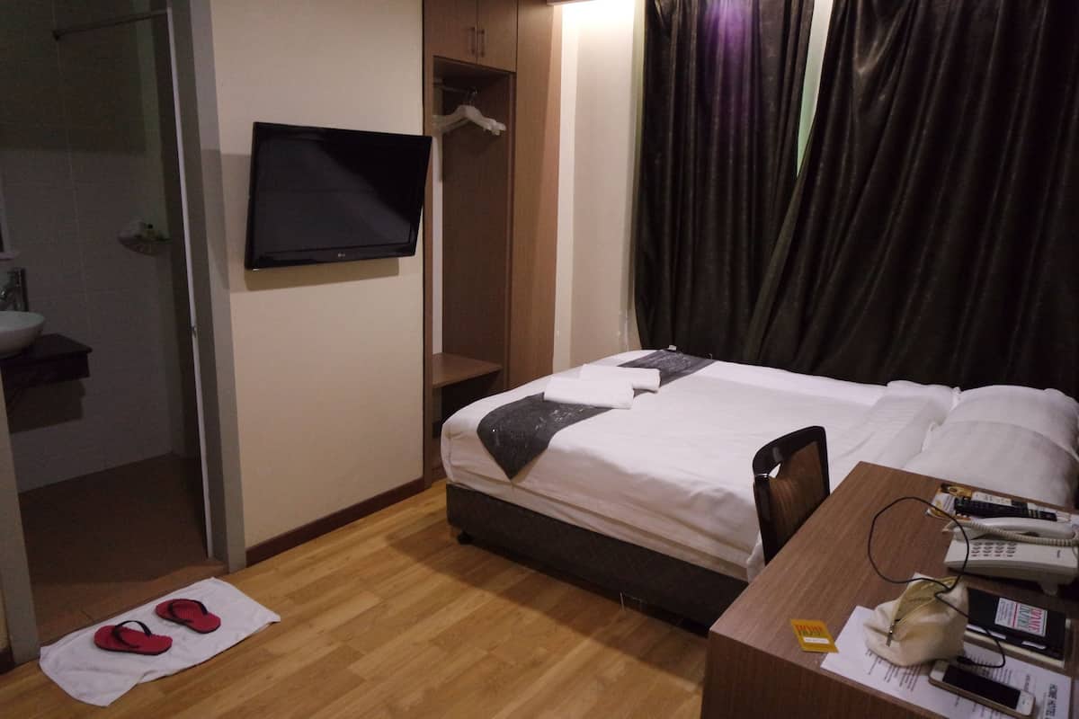 A hotel room with a bed, a desk with a telephone, a mirror, a wardrobe, and a bathroom with a sink and a shower.