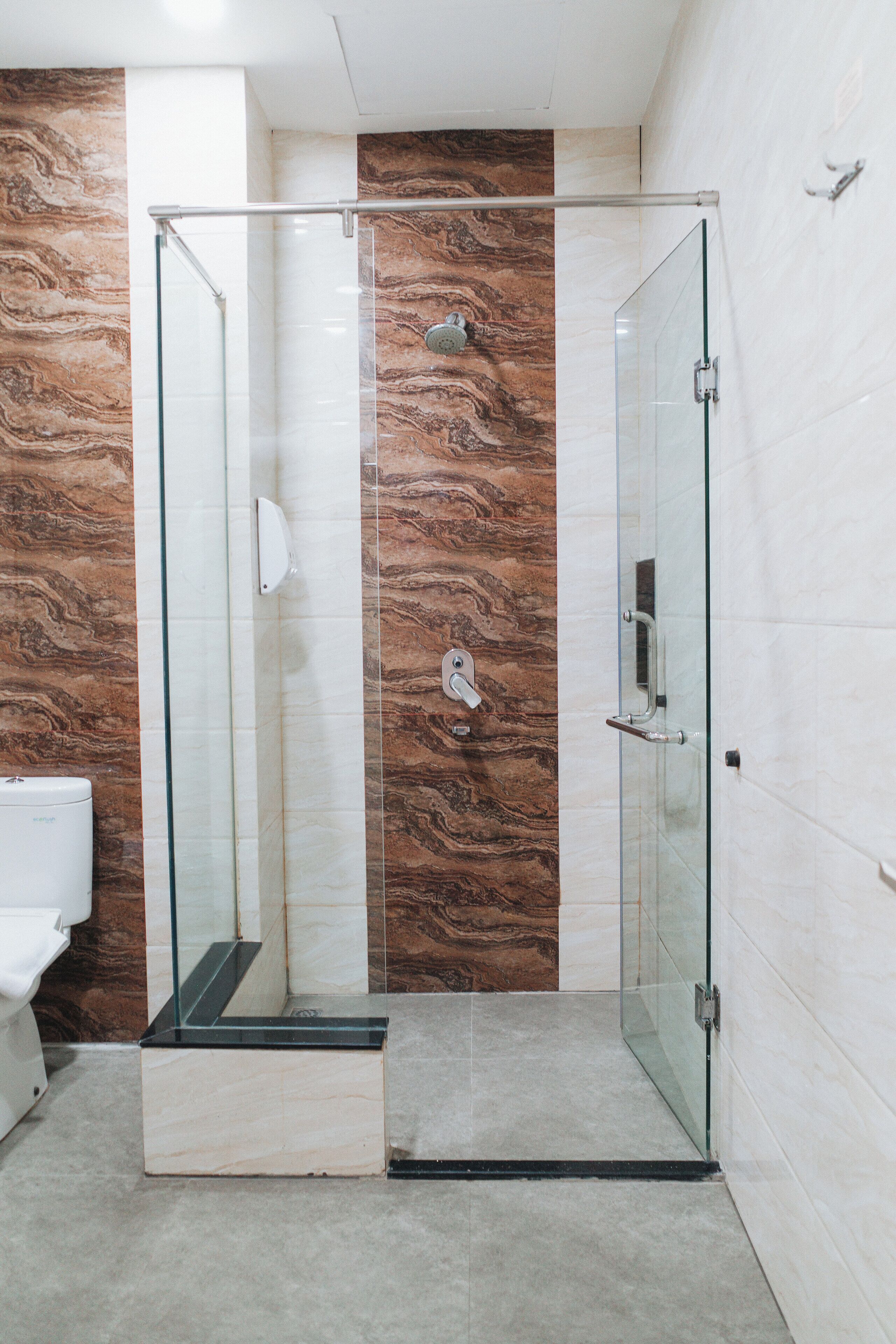 Eine Duschkabine mit Glas, eine Marmorwand, eine Toilette und ein Waschbecken.