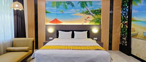 A hotel room with a bed, a sofa, a bench, a painting of a beach scene, and a decorative wall panel.
