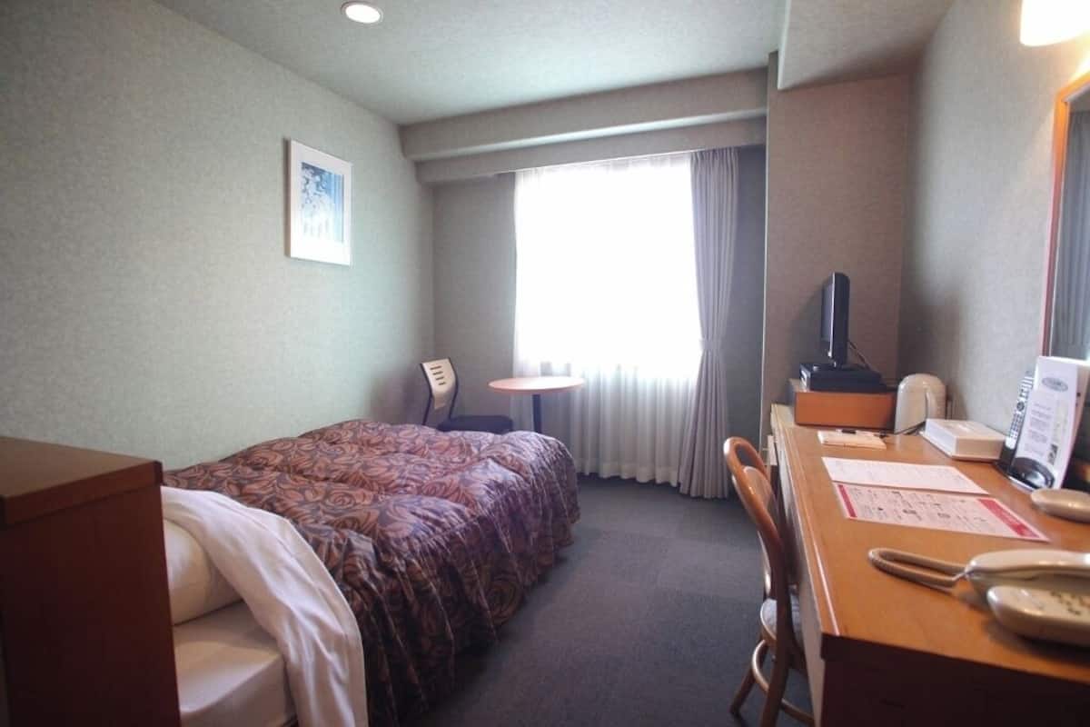 A hotel room with a bed, a desk with a telephone, a chair, a small table, and a television.