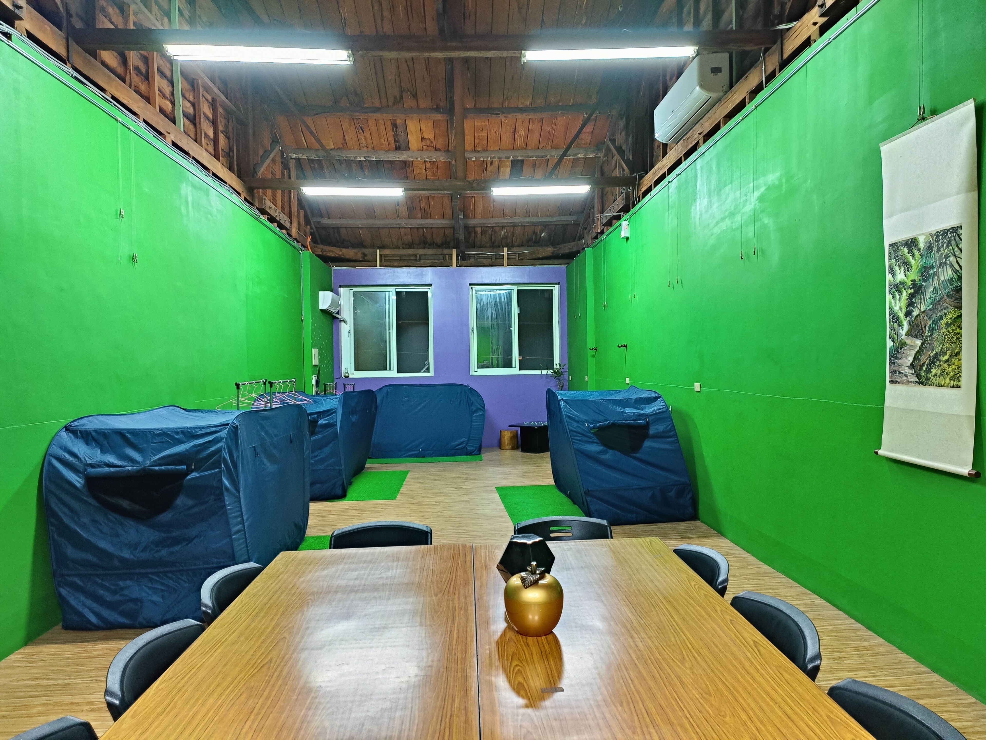 A conference room with a wooden table, chairs, green walls, and a purple partition.