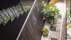 Een tuin met een houten bankje, een kleine plant in pot en een betegeld pad.