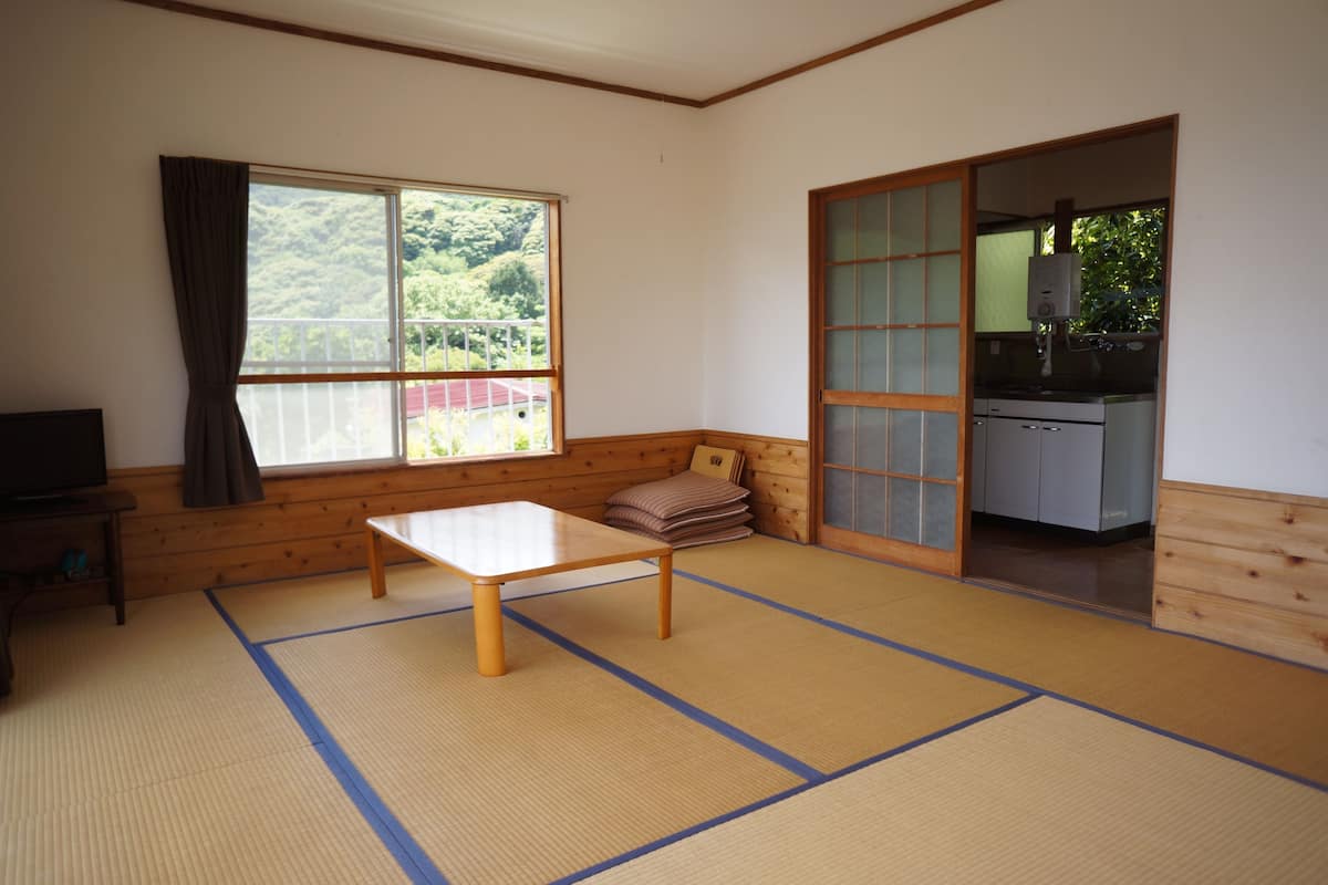 Um quarto japonês tradicional com tatames, uma mesa baixa, um futon, uma porta deslizante para uma cozinha e uma TV em uma prateleira.