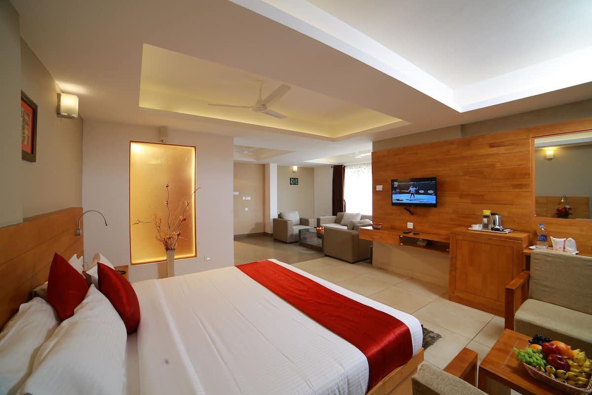 Una habitación de hotel con cama, escritorio, televisión y zona de estar.