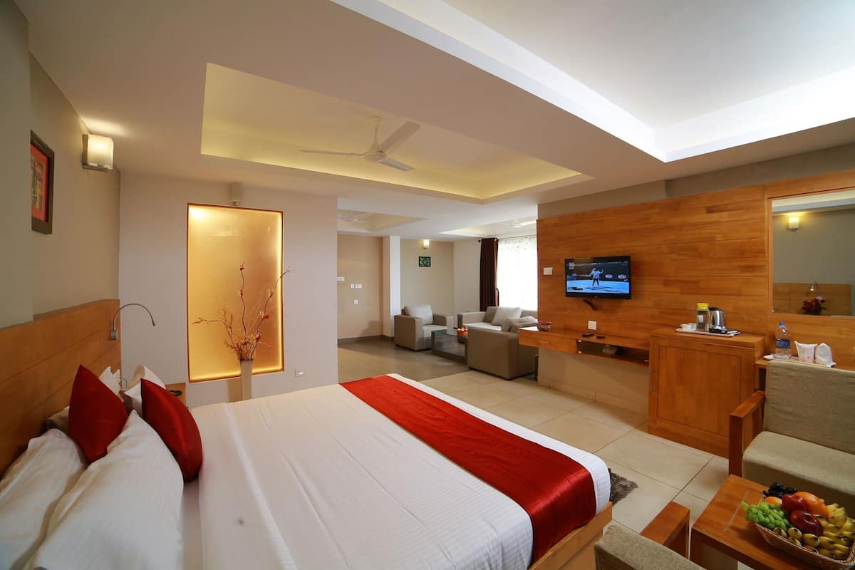 Una habitación de hotel con cama, televisión, escritorio y zona de estar.