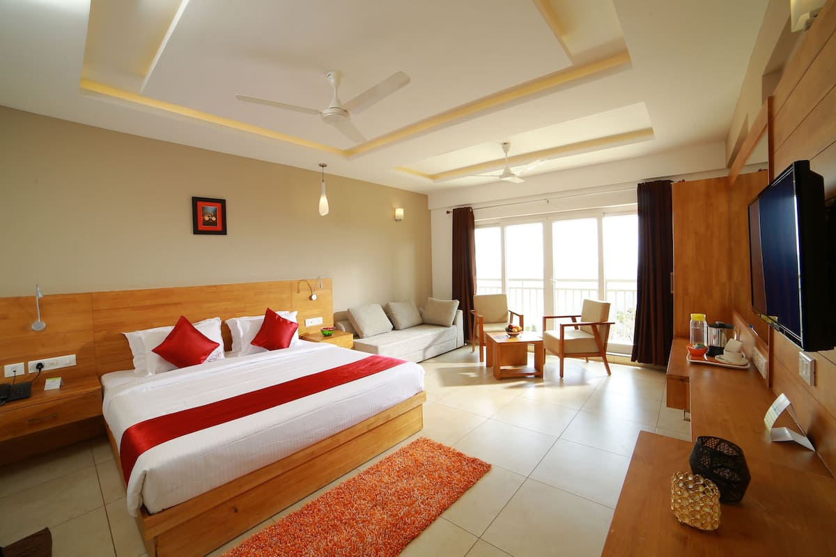 Habitación de hotel con una cama grande, un escritorio, un televisor y un balcón con vistas.
