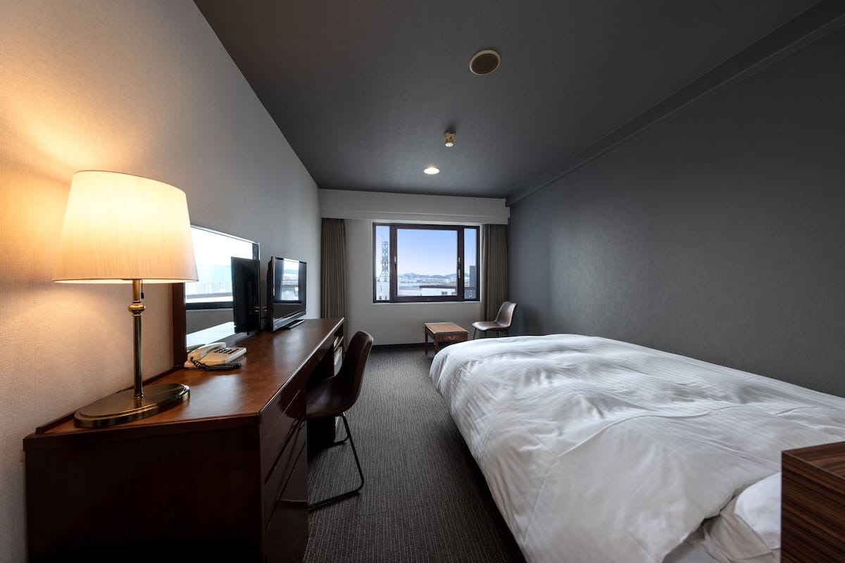 A hotel room with a bed, desk, chair, lamp, TV, and a window with a view.