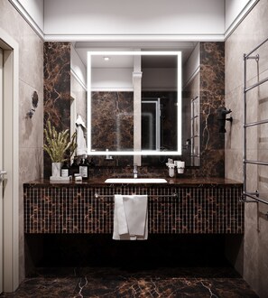 Habitación Business con 1 cama doble o 2 individuales | Baño | Artículos de higiene personal de diseño, secador de pelo y albornoces