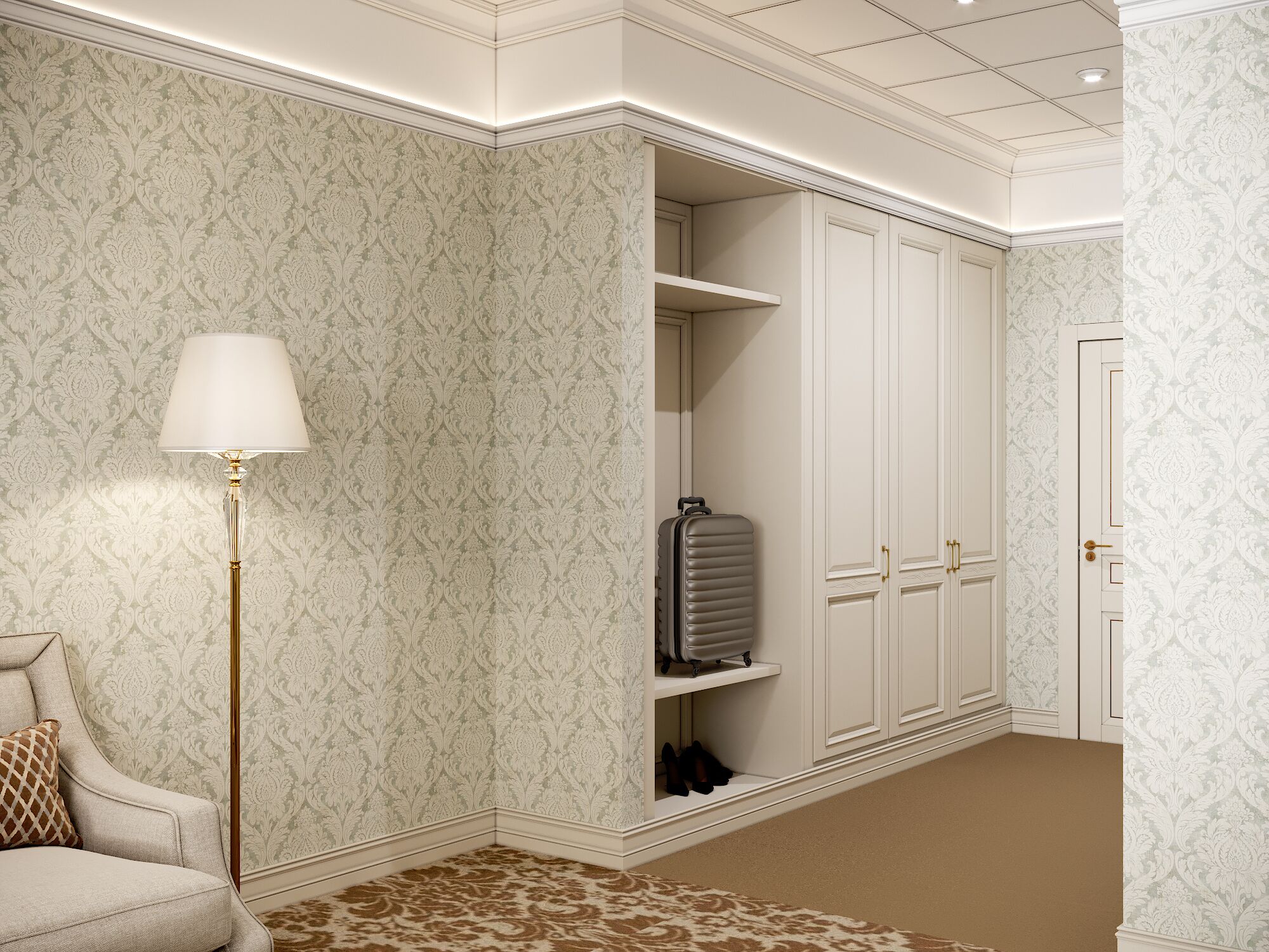 A hallway with patterned wallpaper, a floor lamp, a seating area, and a wardrobe with a suitcase.