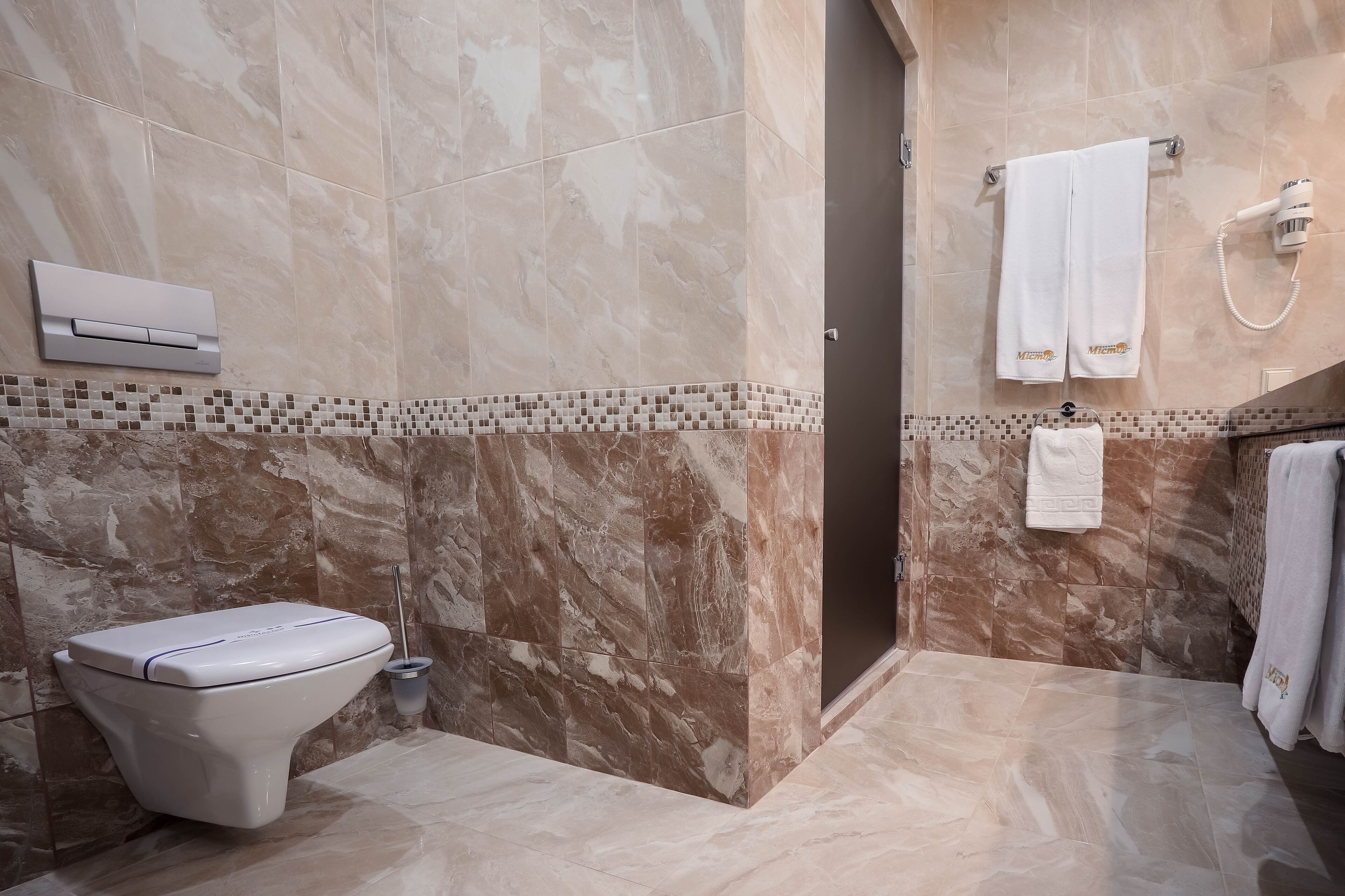 A bathroom with a toilet, a shower, and a towel rack.