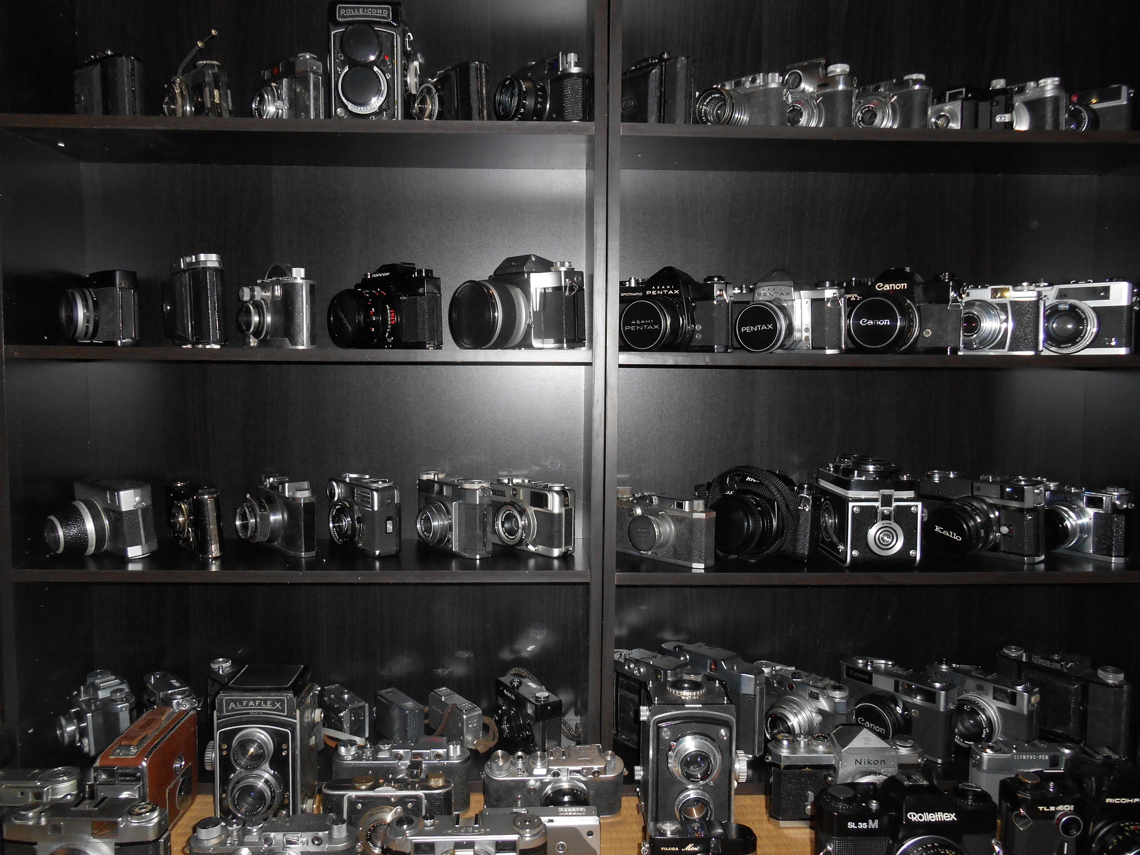 A collection of cameras on shelves, including brands like Rolleicord, Pentax, and Canon.