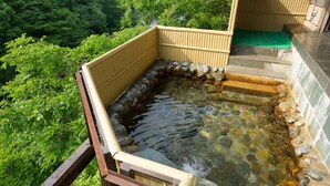 Un bain thermal en plein air, avec des marches en pierre et une rambarde en bois, entouré d’une végétation luxuriante.