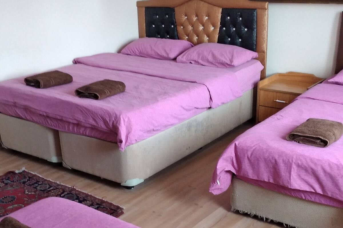A hotel room with two beds, each with pink bedding and brown towels. The room has a wooden headboard and a small wooden nightstand.