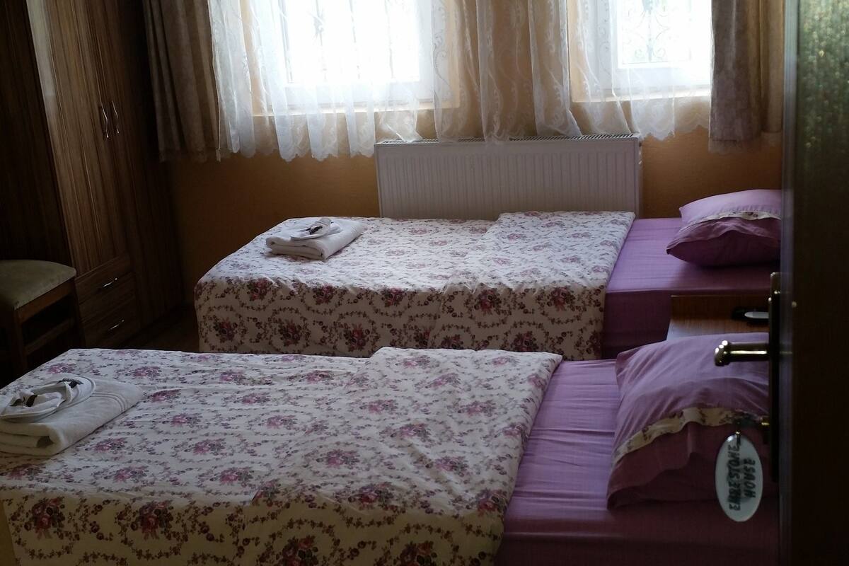 A room with two beds, a radiator, and a window with curtains.
