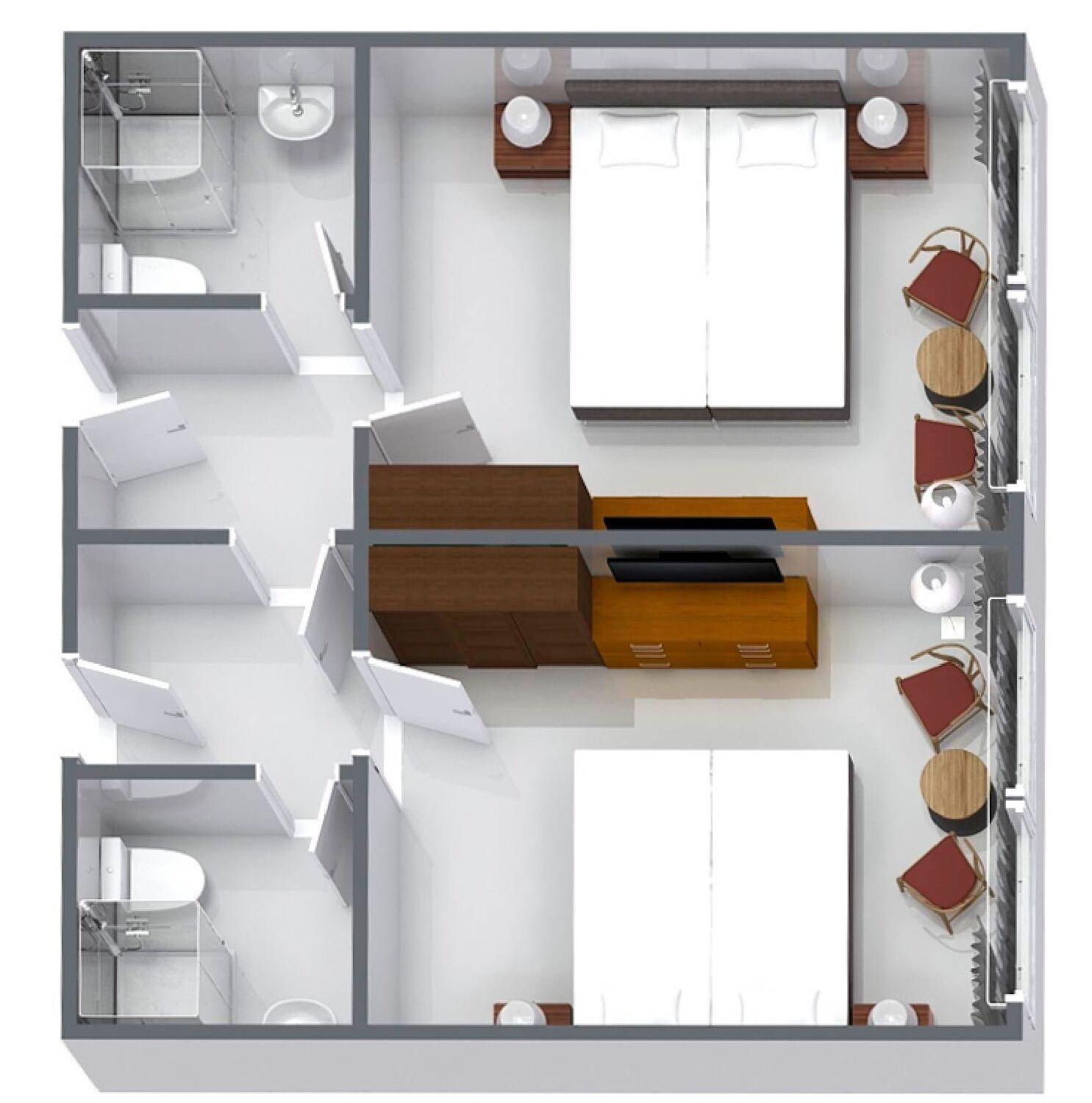 Distribución moderna de una habitación de hotel con cama, dos mesitas de noche, un escritorio, una silla, una mesa redonda y una pequeña zona de estar.