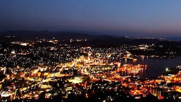 A nighttime cityscape with a river and distant mountains.