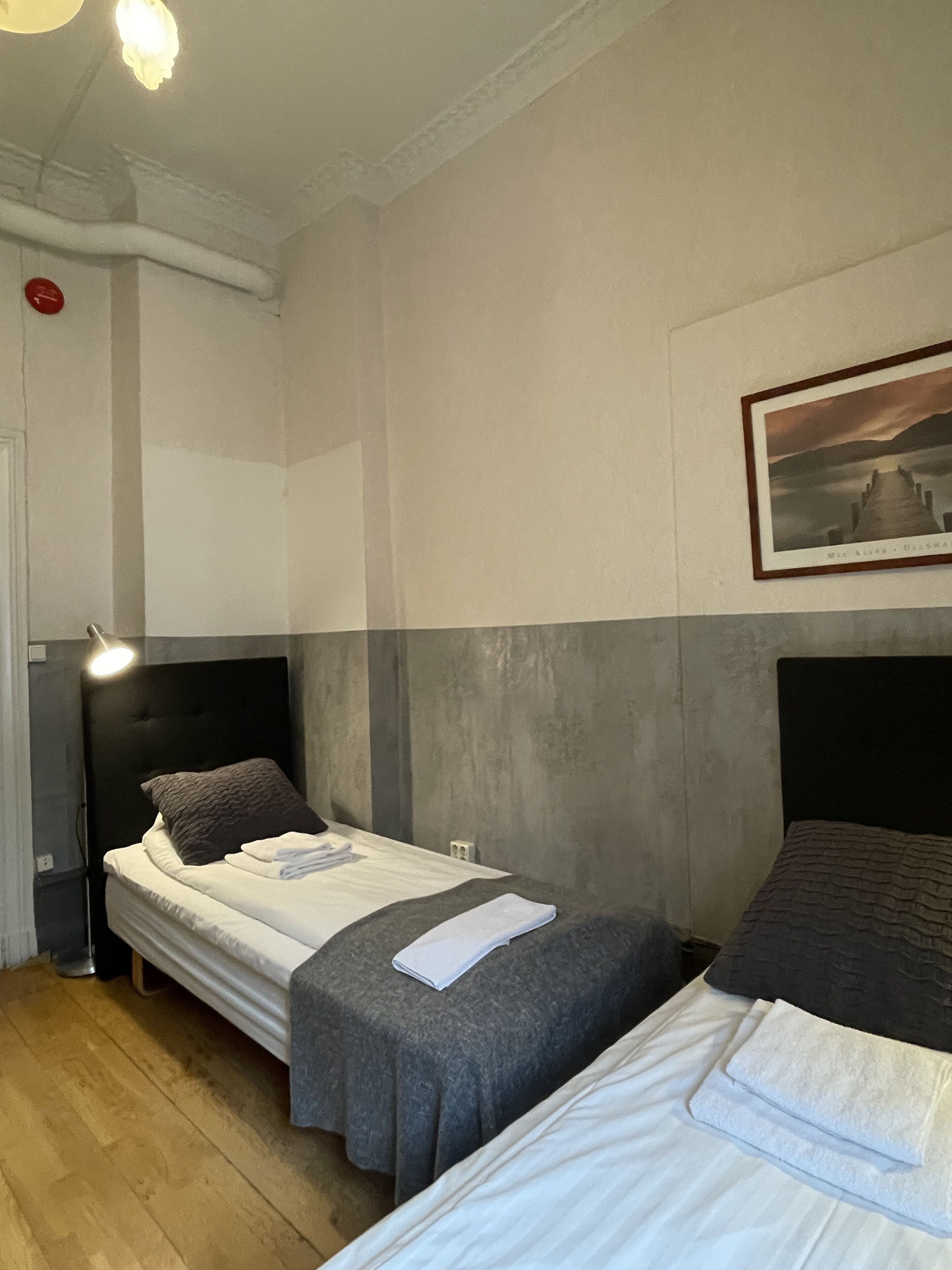 Habitación de hotel con dos camas individuales, suelo de madera, una puerta blanca y un cuadro enmarcado en la pared.