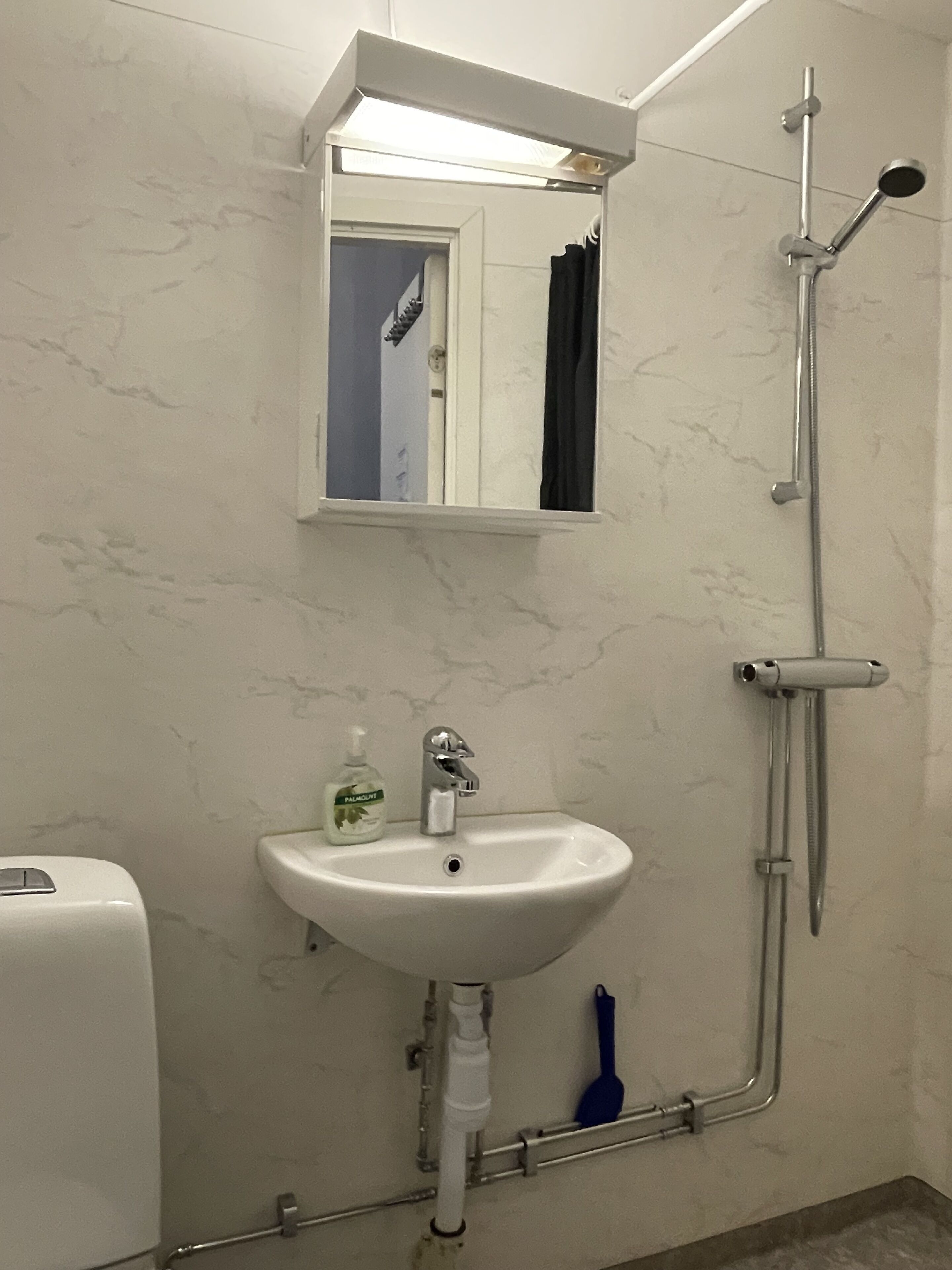 Et badeværelse med hvid vask, spejl, brusearmatur og sæbedispenser.