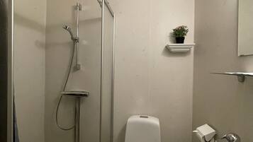 Un baño con ducha separada por mampara de vidrio, inodoro y lavamanos.