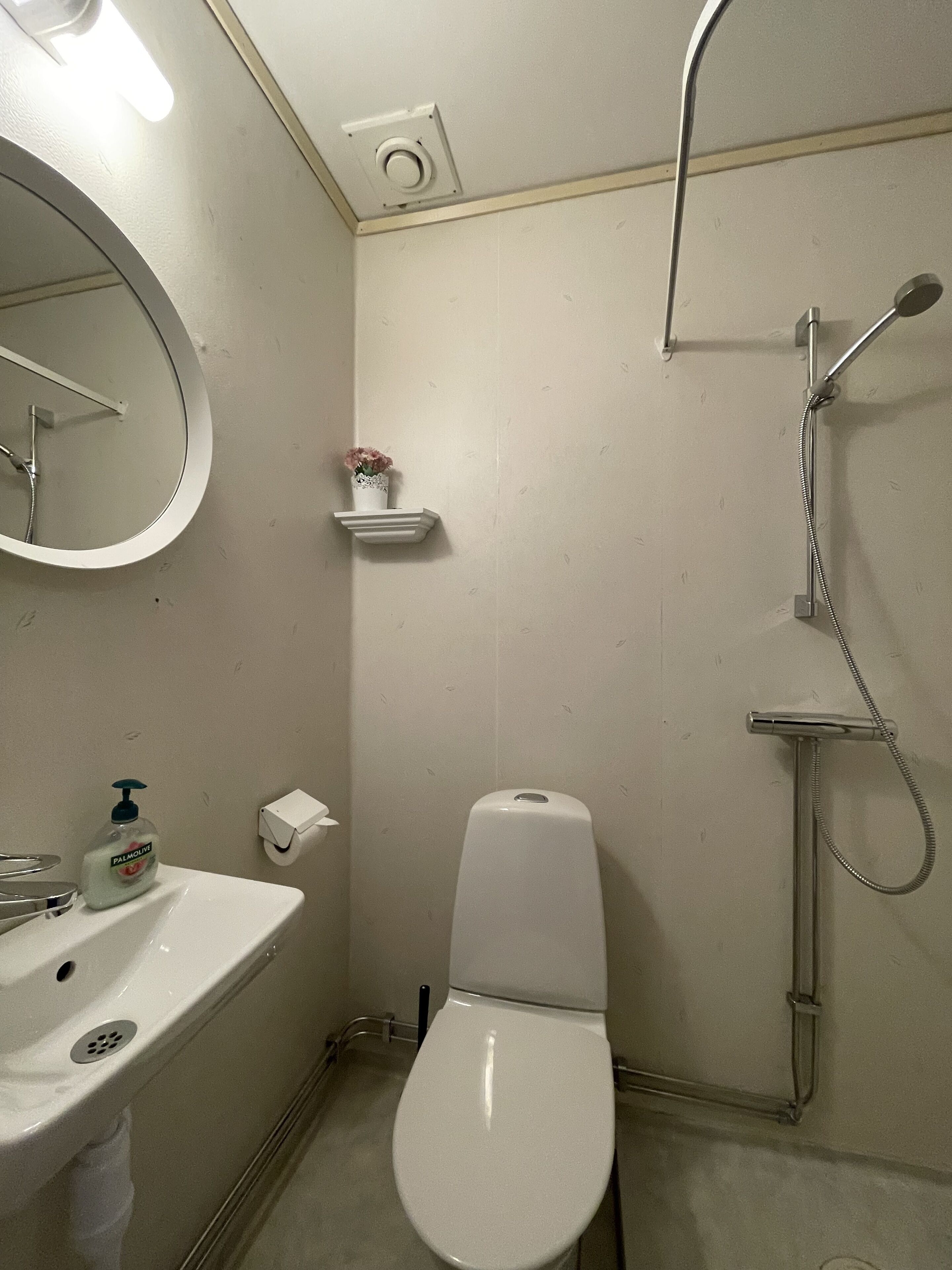 Ein Badezimmer mit Toilette, Waschbecken, Dusche und einer kleinen Ablage mit einer Vase.