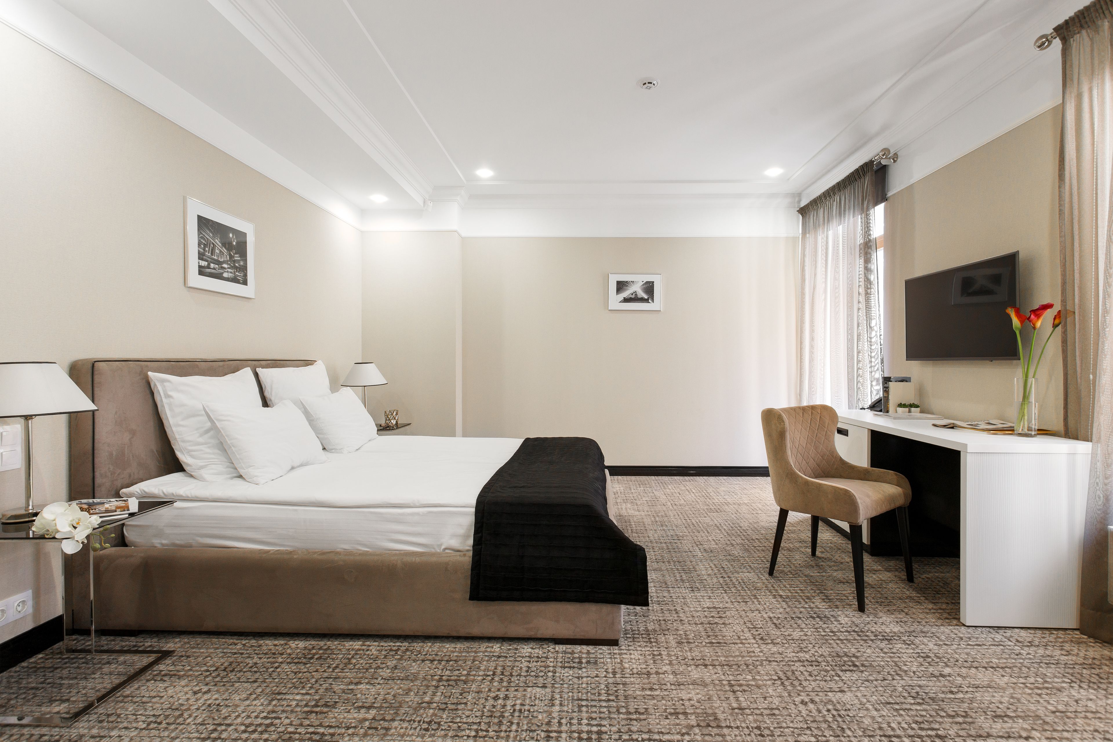 A hotel room with a bed, bedside table, lamp, desk, chair, TV, and two framed pictures on the wall.
