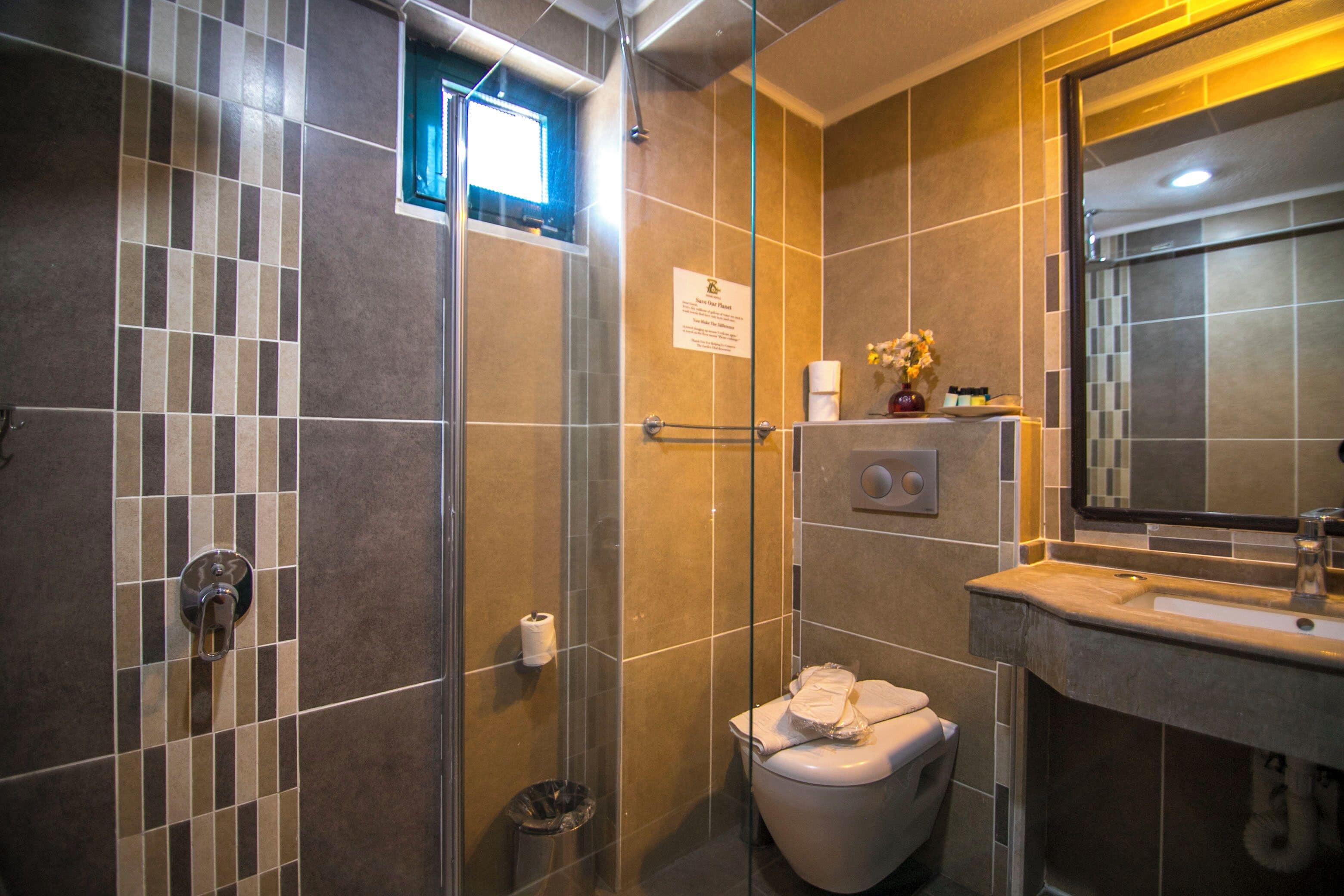 shower, free toiletries, hair dryer, slippers