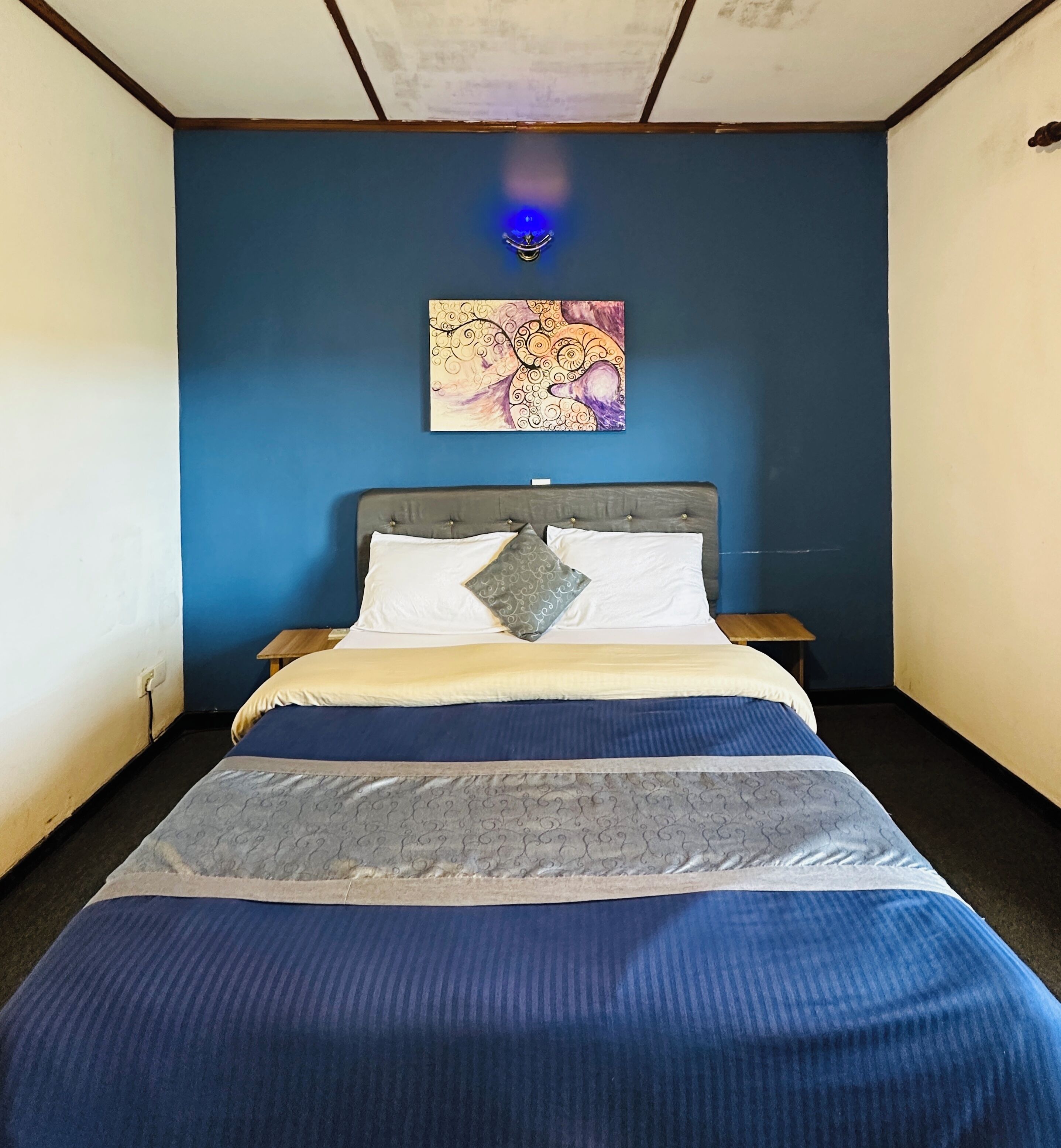 A bedroom with a bed, a headboard, a nightstand, a wall-mounted light, and a painting.