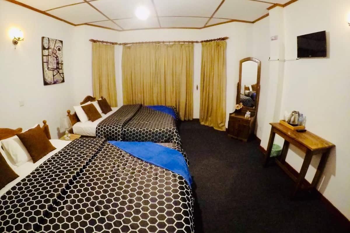 Habitación de hotel con dos camas, una mesita, un espejo y un televisor en la pared.