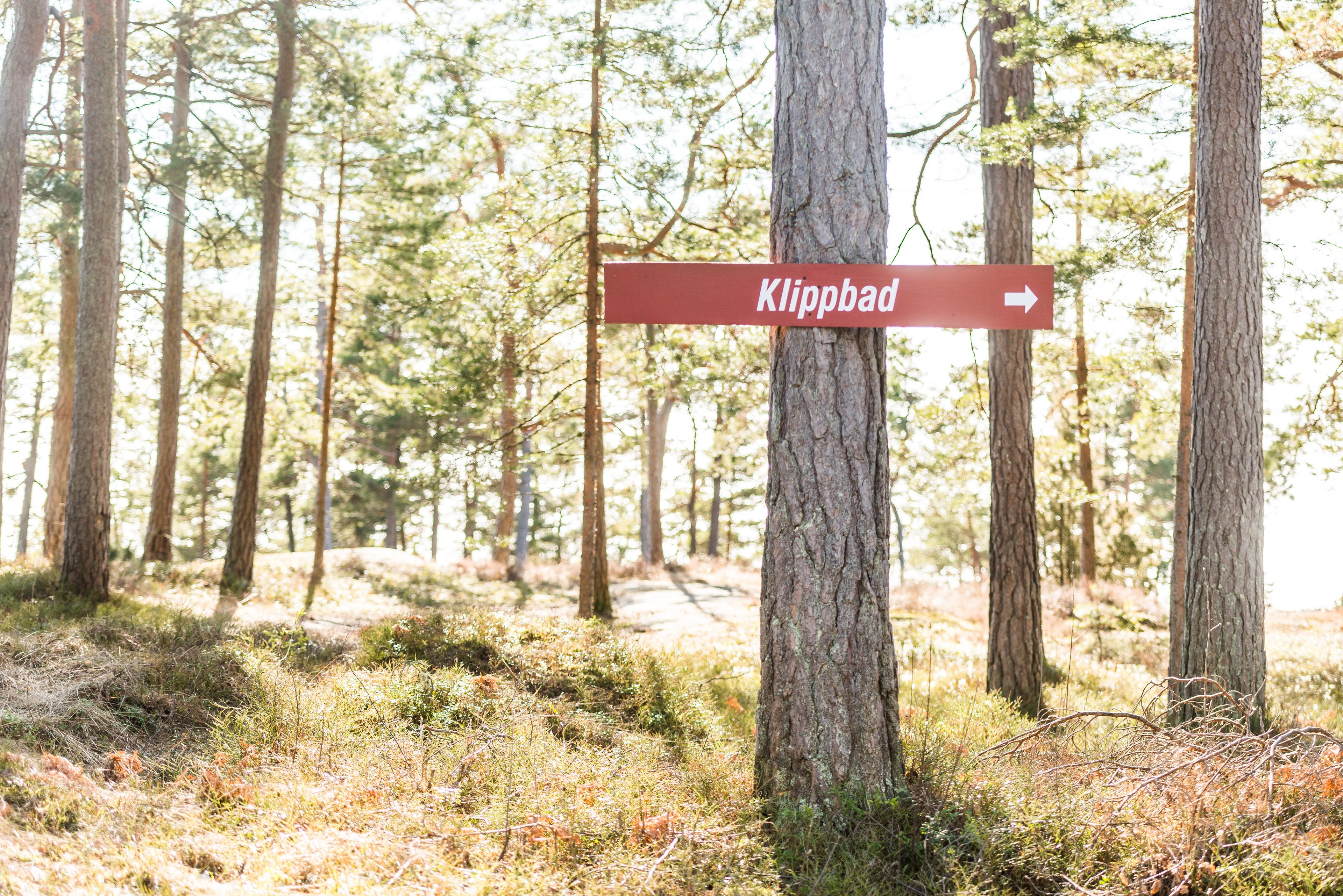 A forested area with a directional sign pointing to Klippbad.