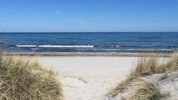 Nära stranden, vit sandstrand och volleyboll