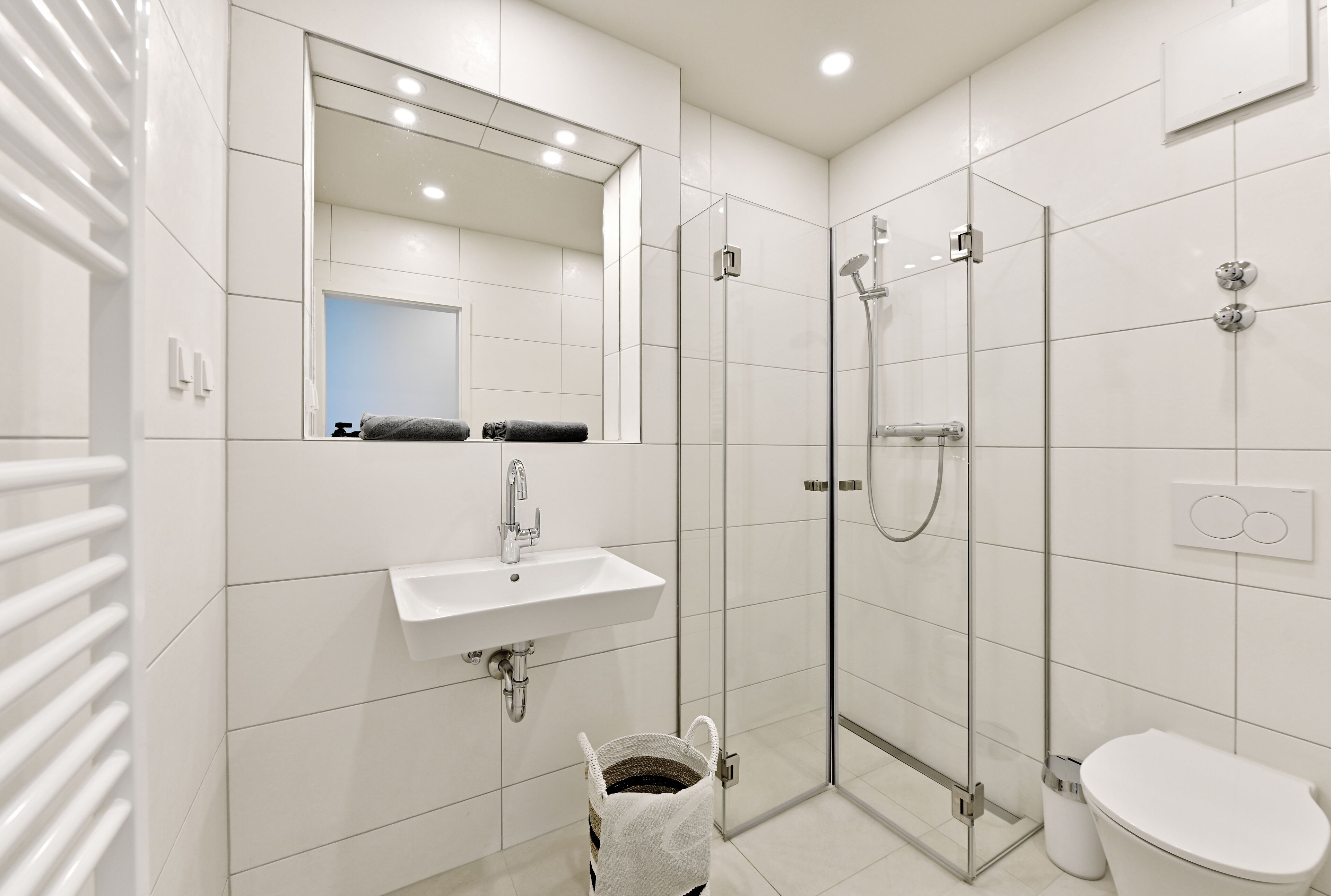 A modern bathroom with a glass-enclosed shower, a white sink, and a toilet.