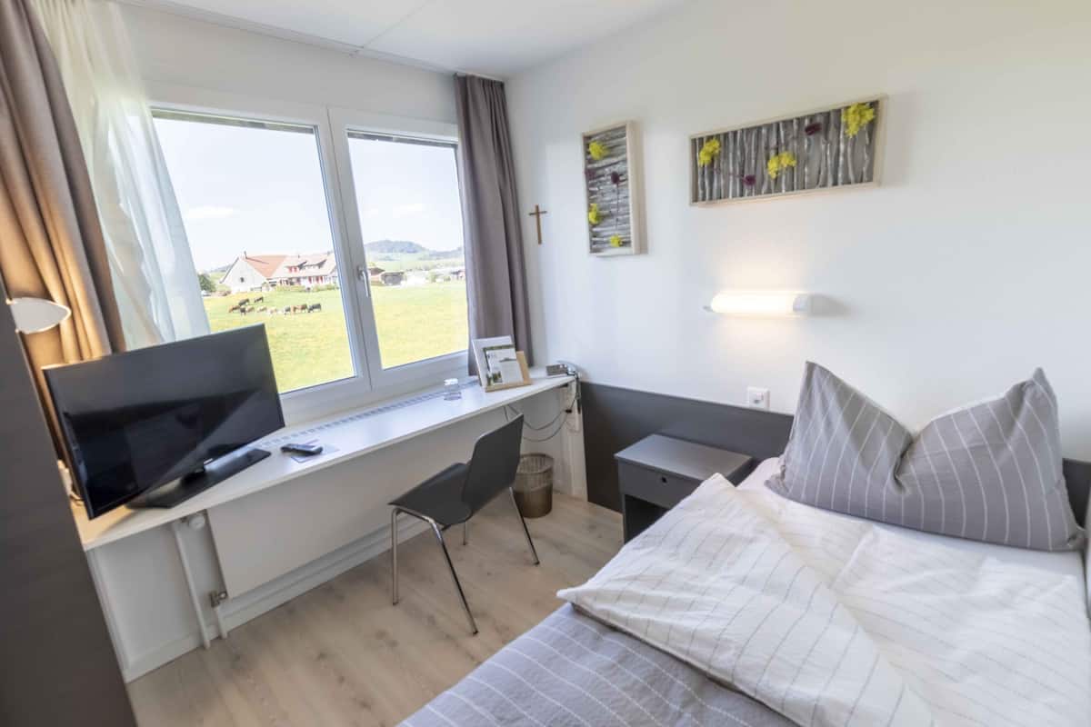 A bedroom with a bed, a desk with a computer, a chair, a TV, and a window with a view of a farm.