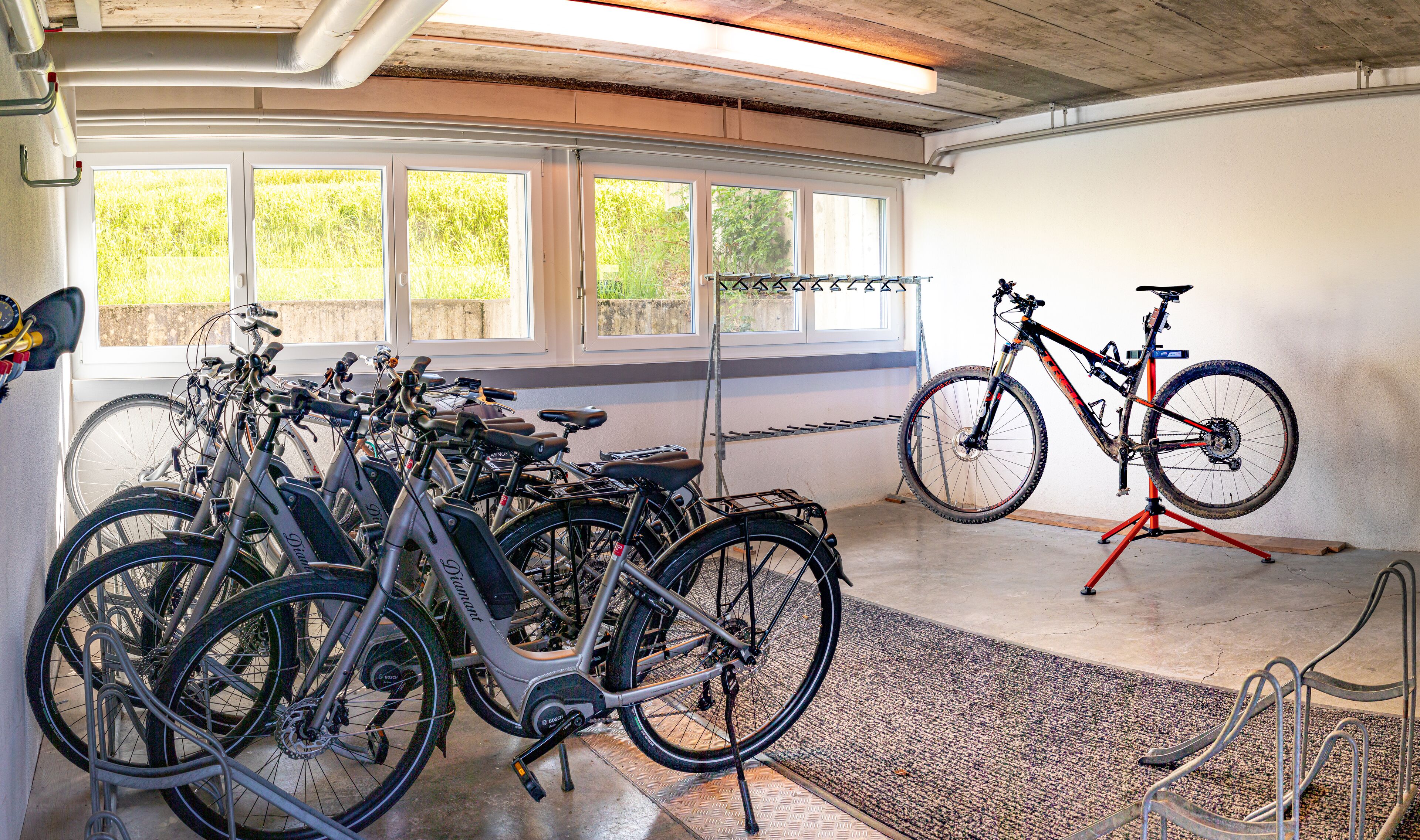 Zona de guardado para bicicletas con varias unidades, un soporte rojo para bicicletas y vistas a la vegetación exterior.