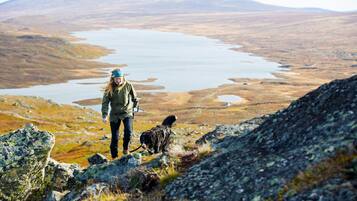 A person walking a dog on a rocky terrain with a lake and mountains in the background.