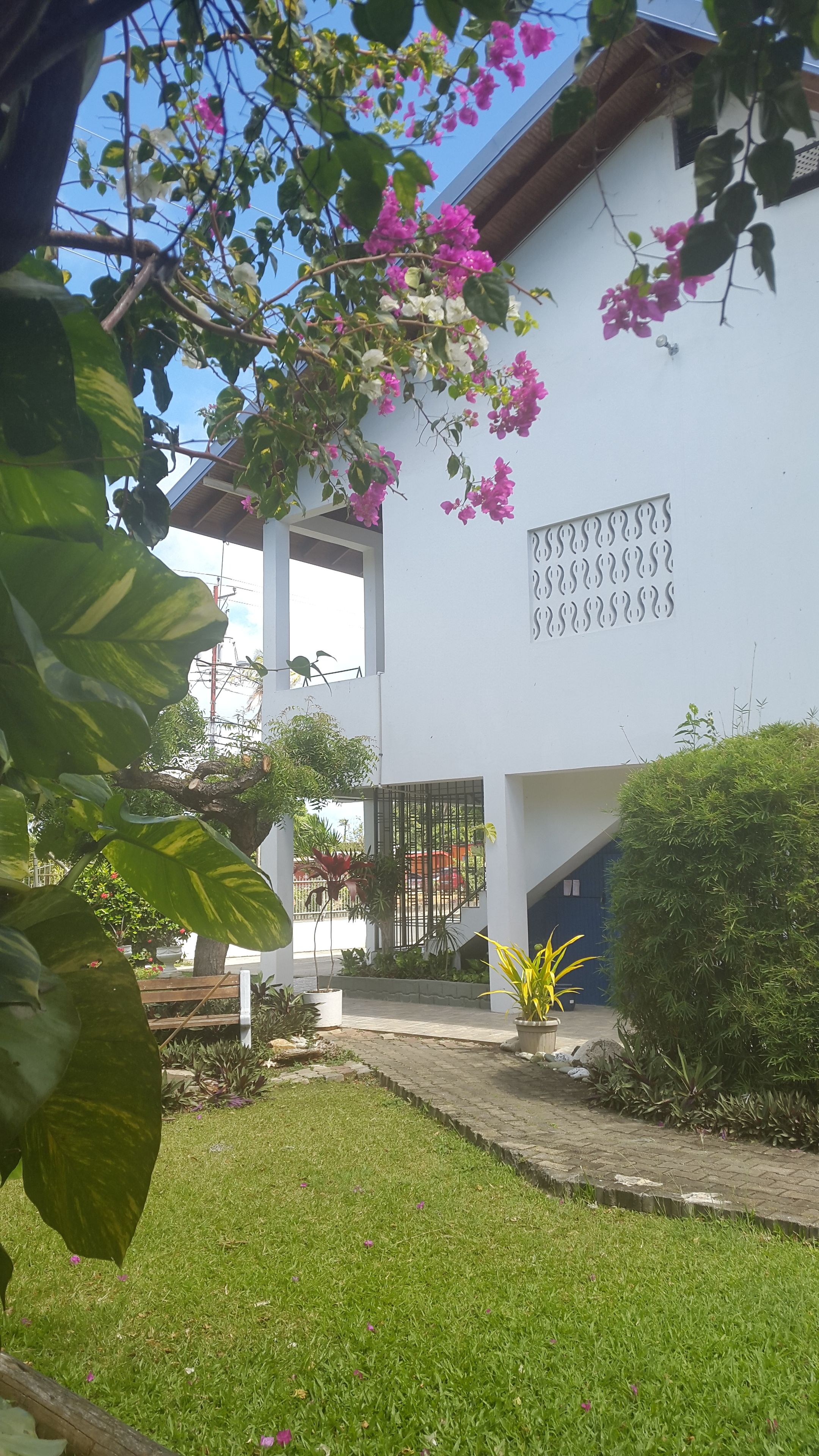 A building with a white exterior, a gated entrance, and a well-maintained garden with various plants and flowers.