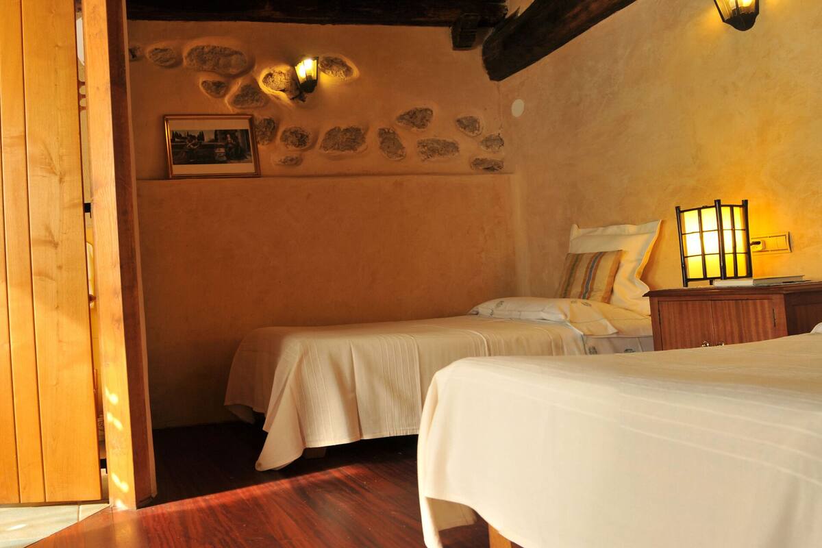 Une chambre avec deux lits, un plancher en bois, des éléments décoratifs en pierre sur les murs et une porte en bois.