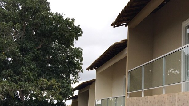 Un edificio de varios pisos con balcones, un gran árbol en primer plano y una cerca.