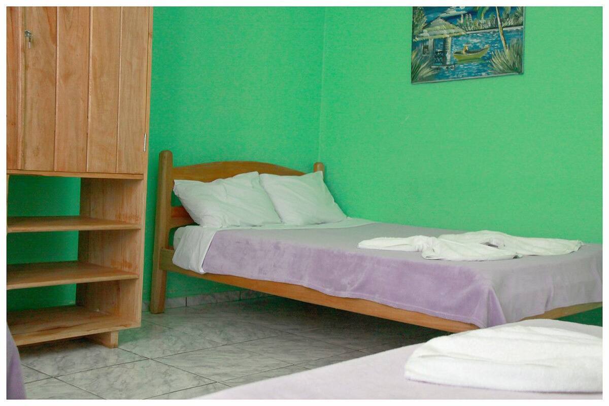 Een enkel bed met een houten hoofdbord en een paars dekbed, een houten garderobe, en een groene muur met een schilderij.