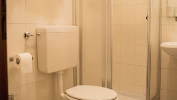 A bathroom with a toilet, bidet, and glass-enclosed shower stall.