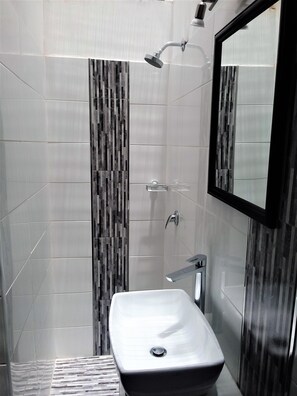 Shower, hair dryer, towels