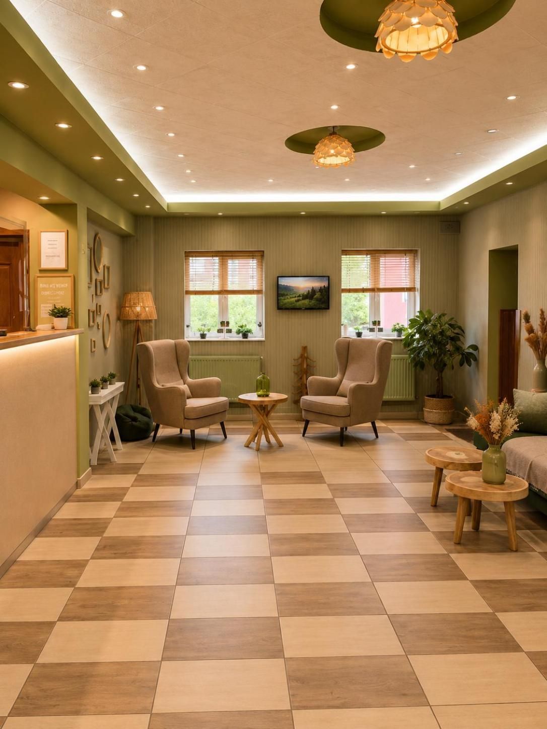 A hotel lobby with a checkered floor, two armchairs, a round table, a reception desk, and a television.
