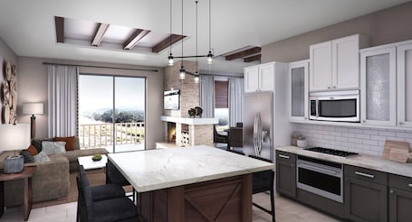 A modern kitchen with a large island, built-in appliances, and a balcony with a view.