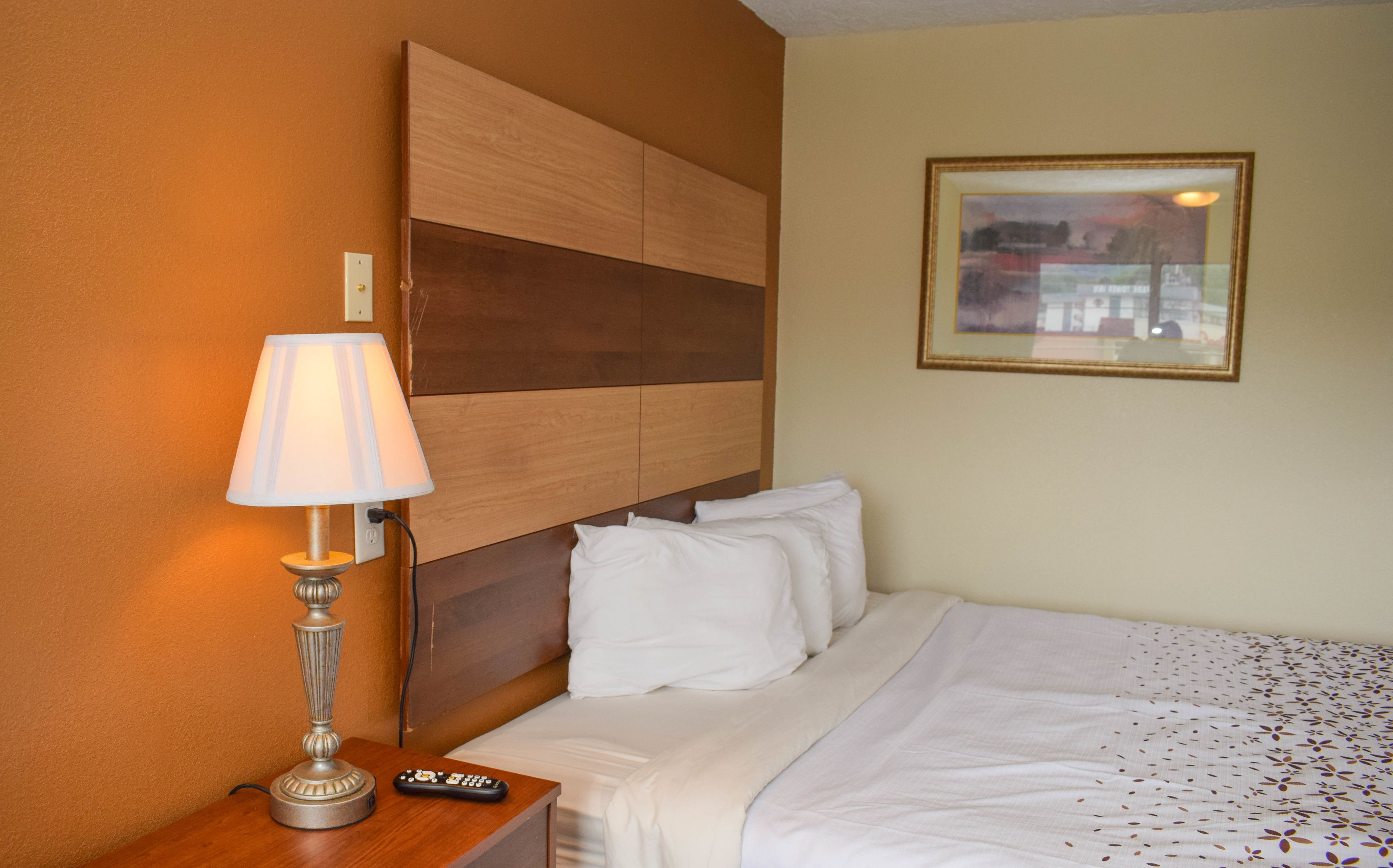 A hotel room with a bed, a nightstand with a lamp, a remote control, and a framed picture on the wall.