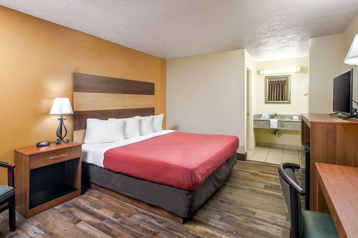 Habitación de hotel con cama, escritorio, silla, mesita de noche, lámpara, televisor y baño con lavamanos y espejo.