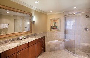 Separate tub and shower, free toiletries, hair dryer, towels