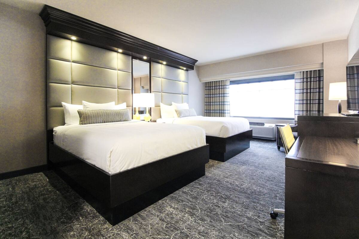 hypo-allergenic bedding, desk, blackout curtains, iron/ironing board