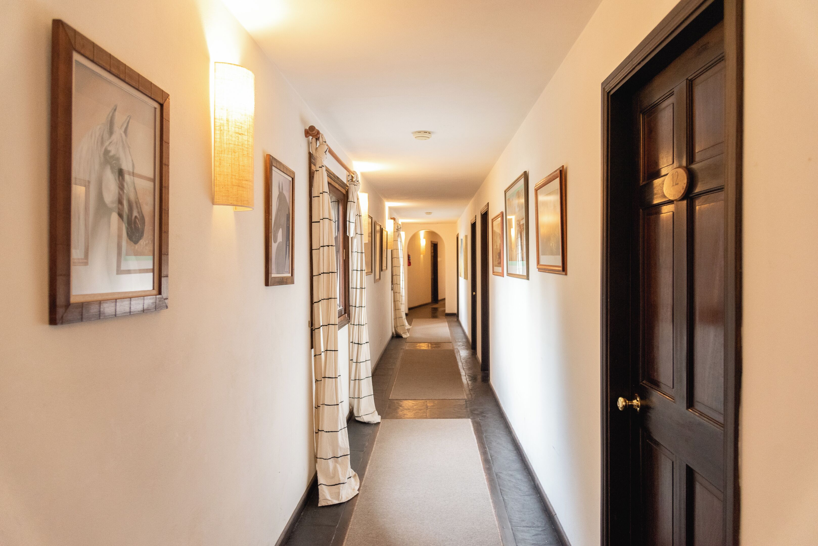 Passadís d'hotel amb quadres emmarcats, una porta de fusta i un paviment amb moqueta.