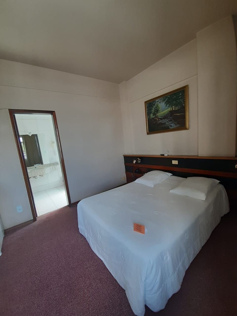 Ein Hotelzimmer mit einem Bett, einem Bild an der Wand und einer Tür zu einem Badezimmer.