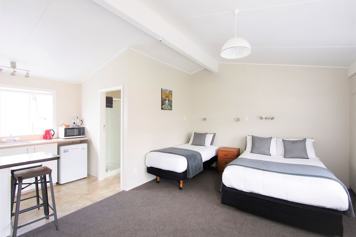 A compact hotel room with two single beds, a small kitchenette, a dining area with a bar stool, and a ceiling light.